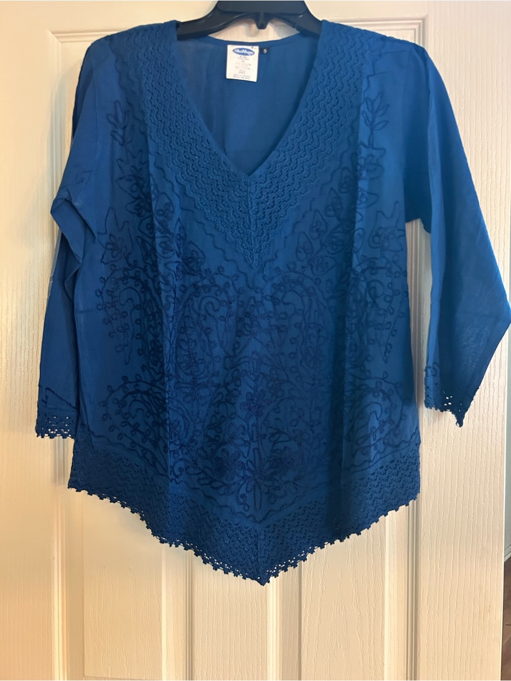 Blue Embroidered V-Neck Tunic Top - Women's